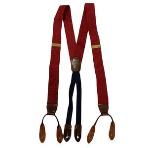 COLE HAAN Button Suspenders Braces Leather Solid Brass Red Blue Preppy Corpcore